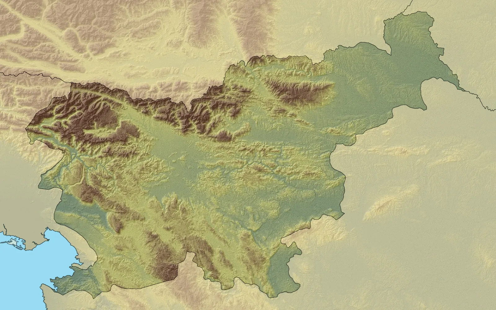 Shaded relief map showing mountain ridges and river valleys in a pattern like crumpled paper
