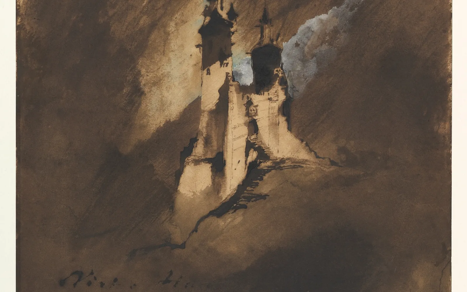 Victor Hugo's 1857 ink-wash drawing Souvenir of a Castle in Vosges, a pale castle on a crag against a dark brown sky